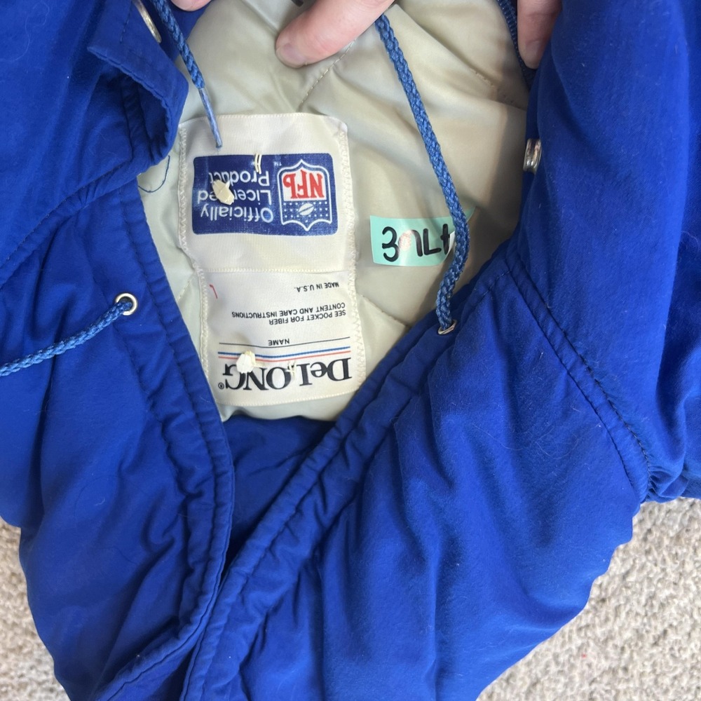 Vtg delong NFL Jacket Mens Large Blue NFL‎ Football Hooded Puffer Coat USA 80s - Picture 5 of 14